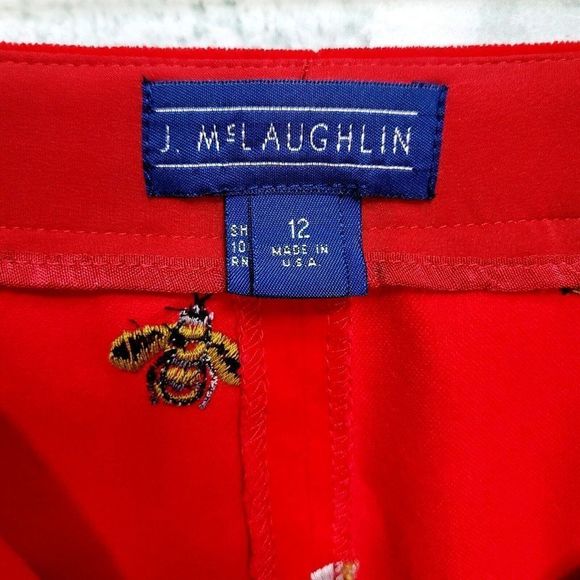 J McLaughlin Womens 12 Embroidered Bees Red Velour Straight Leg Pants Mid Rise - Picture 5 of 6